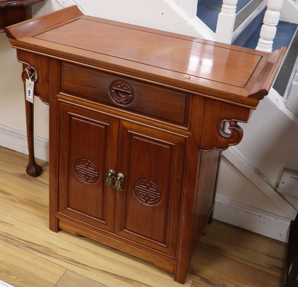 A Chinese hardwood side cabinet, width 74cm, depth 36cm, height 74cm